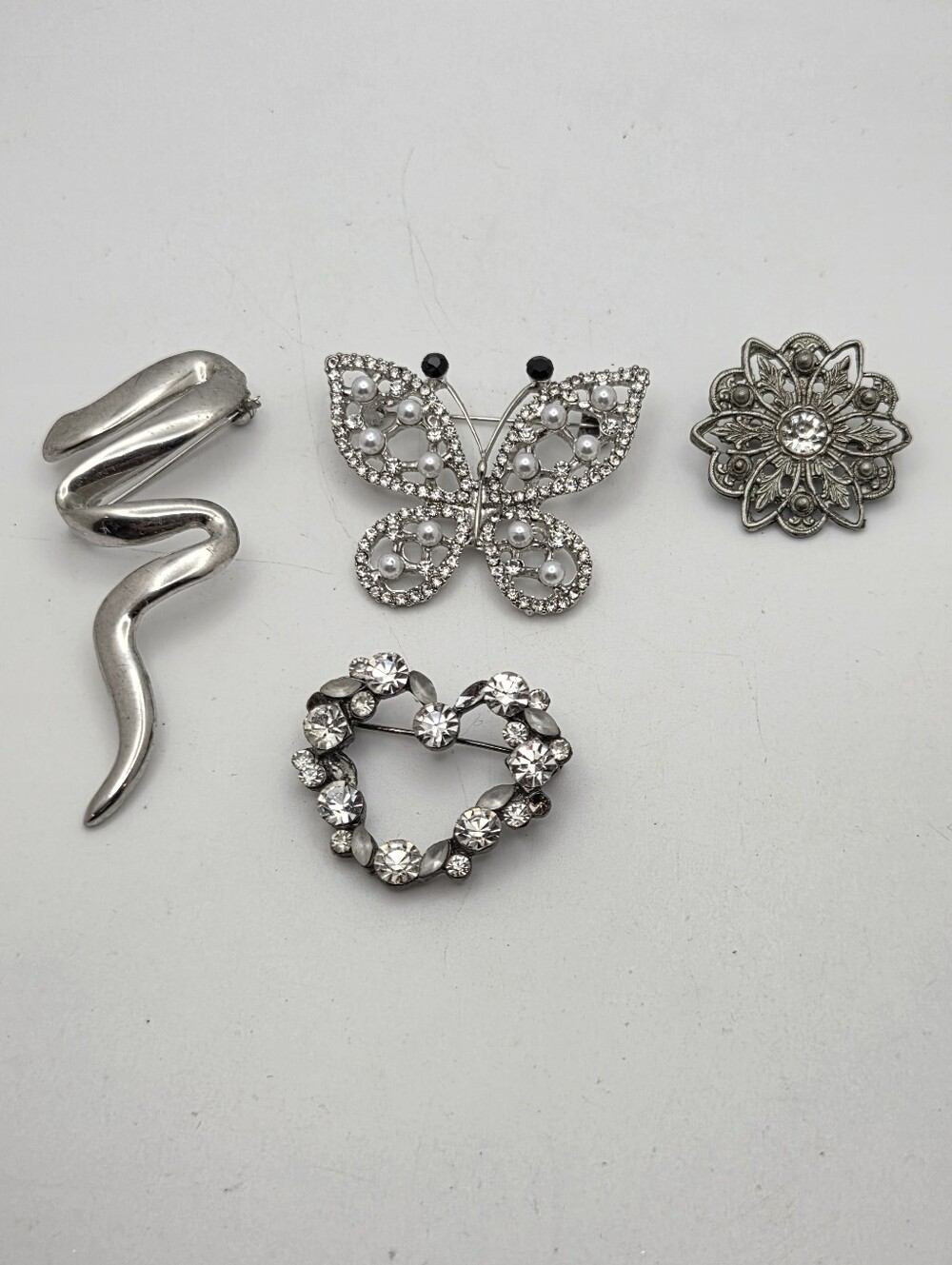 4-Piece Vintage & Modern Silver-Tone Brooch Lot Butterfly Heart Flower